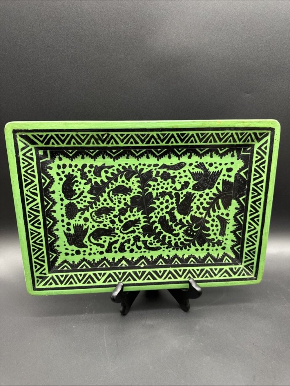 Folk Art Olinala Lacquer Green Wood Serving Tray Birds Fish Squirrel Flower